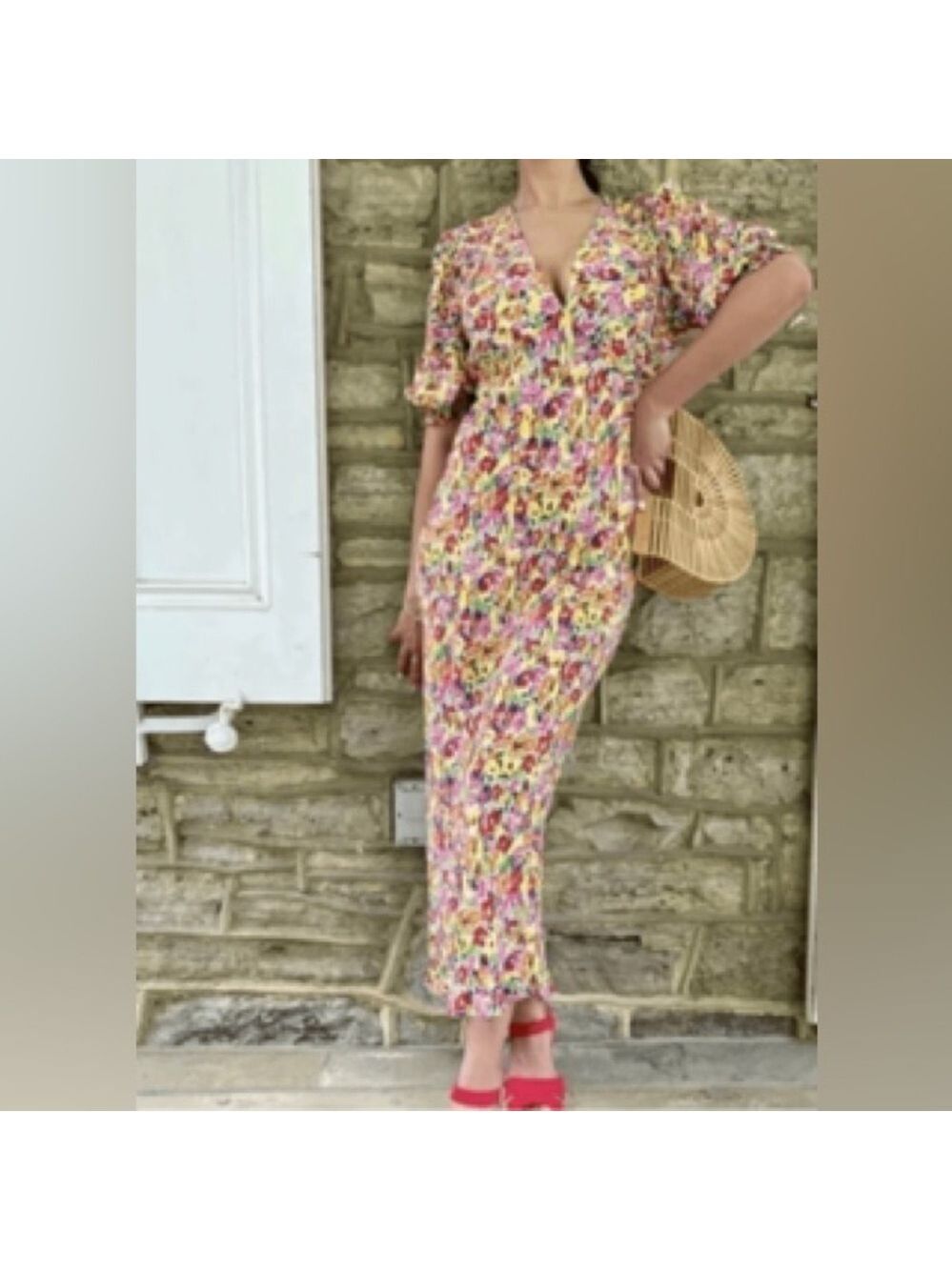 RIXO Floral Print Plunge-Neck Puff Sleeve Maxi Dress
